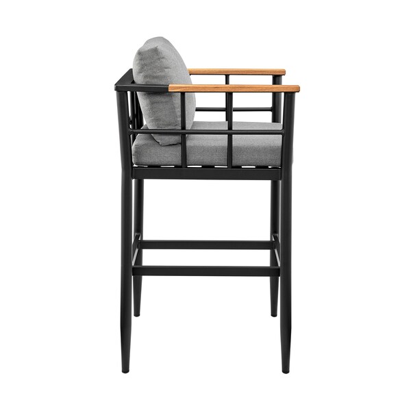 Armen Living Wiglaf Outdoor Patio Counter Height Bar Stool in Aluminum and Teak with Gray Cushions - 840254333048