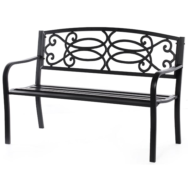 Gardenised Steel Outdoor Patio Garden Park Seating Bench with Cast Iron Scrollwork Backrest, Front Porch Yard Bench Lawn Decor - QI003772