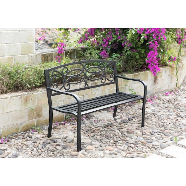 Gardenised Steel Outdoor Patio Garden Park Seating Bench with Cast Iron Scrollwork Backrest, Front Porch Yard Bench Lawn Decor - QI003772