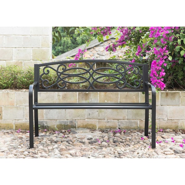 Gardenised Steel Outdoor Patio Garden Park Seating Bench with Cast Iron Scrollwork Backrest, Front Porch Yard Bench Lawn Decor - QI003772