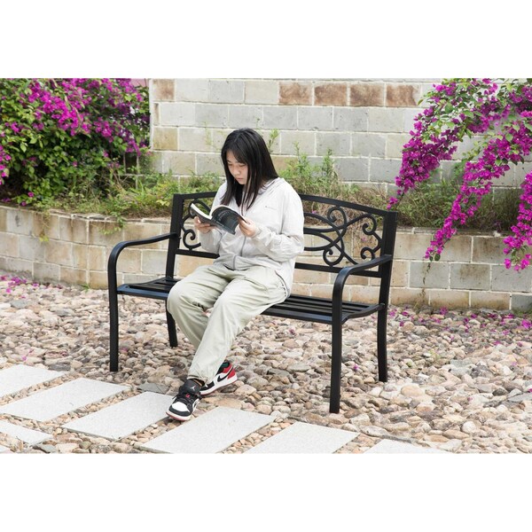Gardenised Steel Outdoor Patio Garden Park Seating Bench with Cast Iron Scrollwork Backrest, Front Porch Yard Bench Lawn Decor - QI003772