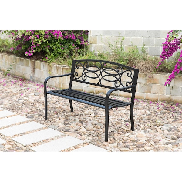 Gardenised Steel Outdoor Patio Garden Park Seating Bench with Cast Iron Scrollwork Backrest, Front Porch Yard Bench Lawn Decor - QI003772