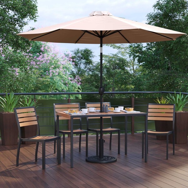 Flash Furniture Faux Teak 30x48 Table-Tan Umbrella-Base-4 Chairs - XU-DG-304860364-UB19BTN-GG