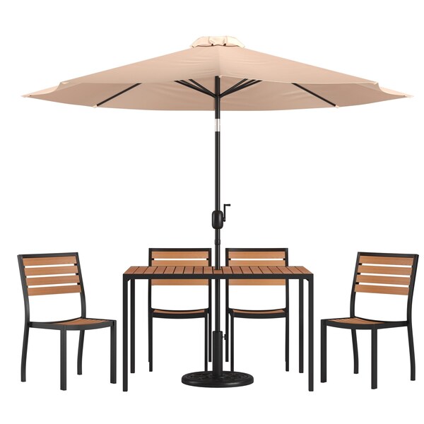 Flash Furniture Faux Teak 30x48 Table-Tan Umbrella-Base-4 Chairs - XU-DG-304860364-UB19BTN-GG