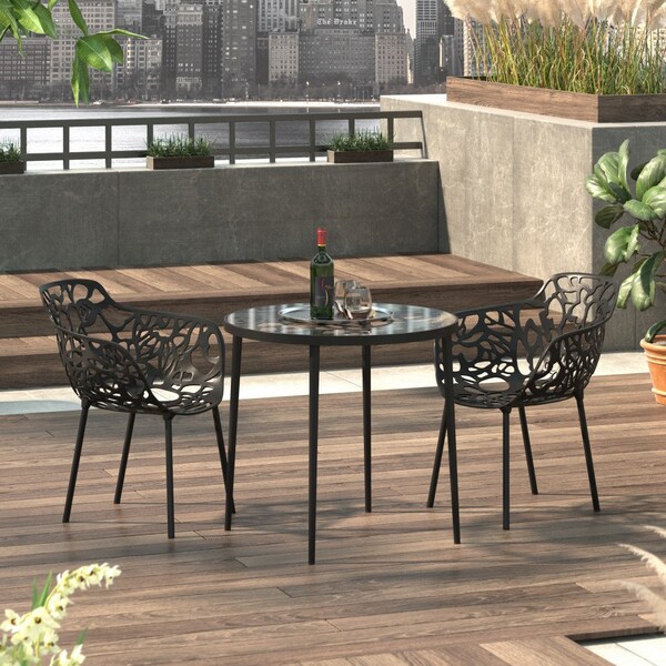 Leisuremod Devon Tree Design Glass Top Aluminum Base Indoor Outdoor Bistro Dining Table, Black - DT31BL