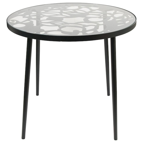 Leisuremod Devon Tree Design Glass Top Aluminum Base Indoor Outdoor Bistro Dining Table, Black - DT31BL