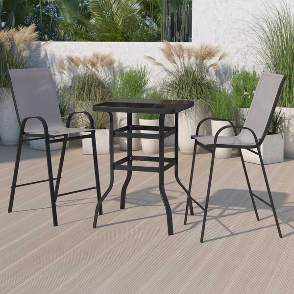 Flash Furniture 3 Piece Glass Bar Patio Table Set with 2 Barstools - TLH-073H092H-GR-GG