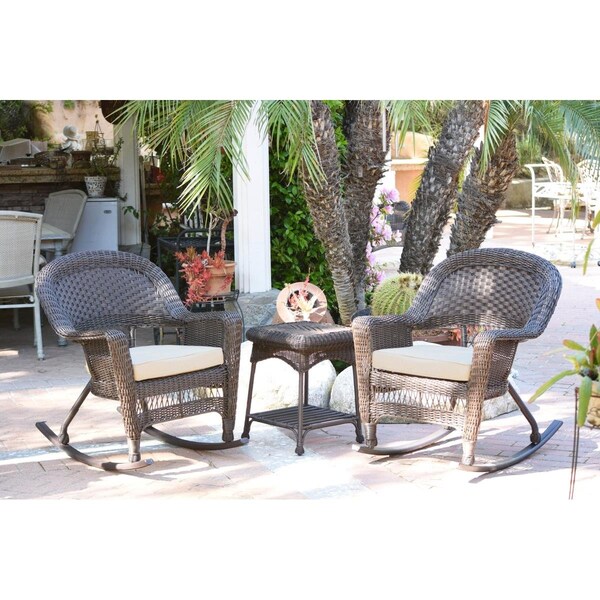 Jeco W00201R-A-2-RCES001 Espresso Rocker Wicker Chair Set with Ivory Cushion - 3 Piece - W00201R-A_2-RCES001