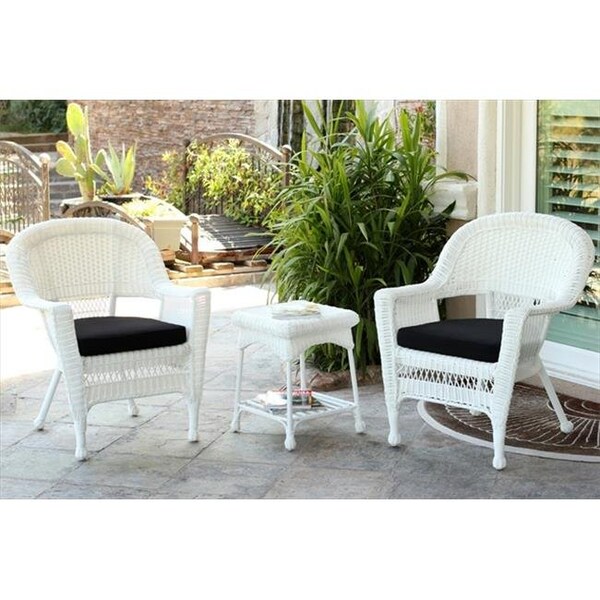 Jeco Jeco W00206_2-CES017 3 Piece White Wicker Chair And End Table Set With Black Chair Cushion - W00206_2-CES017