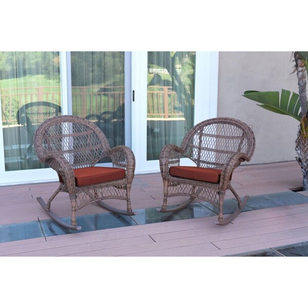 Jeco W00210-R-2-FS018 Santa Maria Honey Wicker Rocker Chair with Red Cushion, 2PK - W00210-R_2-FS018