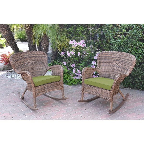 Jeco W00212-R-2-FS029 Windsor Honey Resin Wicker Rocker Chair with Green Cushion, 2PK - W00212-R_2-FS029