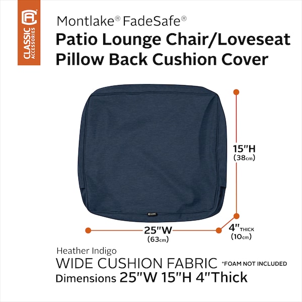 Classic Accessories Patio Lounge Back Cushion Cover, 25x15x4", Heather Indigo - 60-559-015501-RT