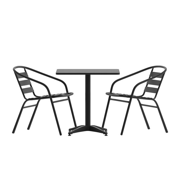 Flash Furniture Lila 27.5in Black Square Aluminum Indoor-Outdoor Table Set with 2 Black Slat Back Chairs - TLH-ALUM-28SQ-017BK2-GG