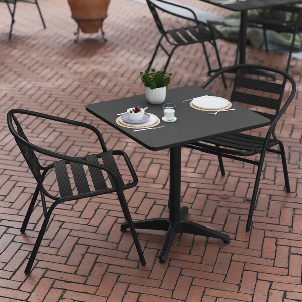 Flash Furniture Lila 27.5in Black Square Aluminum Indoor-Outdoor Table Set with 2 Black Slat Back Chairs - TLH-ALUM-28SQ-017BK2-GG