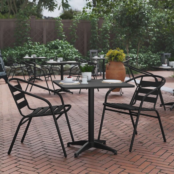Flash Furniture Lila 27.5in Black Square Aluminum Indoor-Outdoor Table Set with 2 Black Slat Back Chairs - TLH-ALUM-28SQ-017BK2-GG
