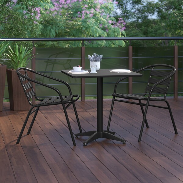 Flash Furniture Lila 27.5in Black Square Aluminum Indoor-Outdoor Table Set with 2 Black Slat Back Chairs - TLH-ALUM-28SQ-017BK2-GG