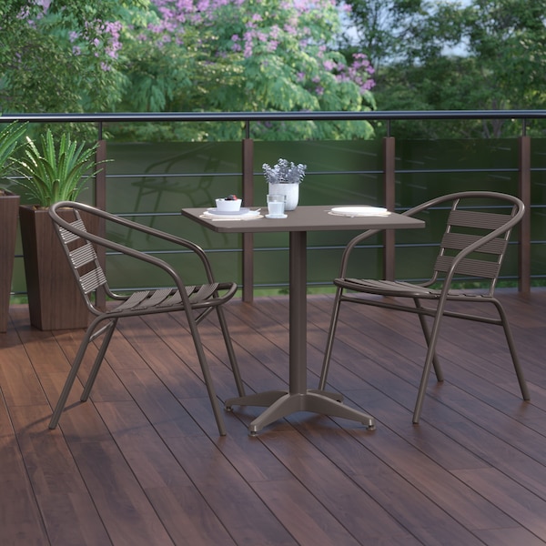 Flash Furniture Lila 27.5in Bronze Square Aluminum Indoor-Outdoor Table Set with 2 Bronze Slat Back Chairs - TLH-ALUM-28SQ-017BZ2-GG