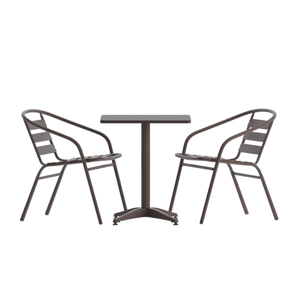 Flash Furniture Lila 27.5in Bronze Square Aluminum Indoor-Outdoor Table Set with 2 Bronze Slat Back Chairs - TLH-ALUM-28SQ-017BZ2-GG