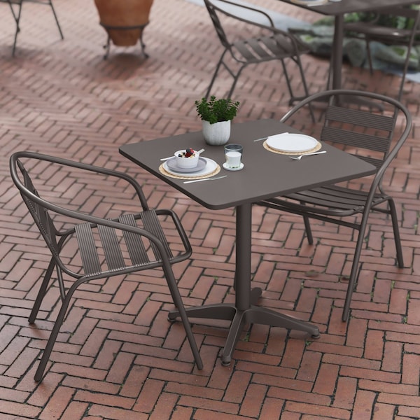 Flash Furniture Lila 27.5in Bronze Square Aluminum Indoor-Outdoor Table Set with 2 Bronze Slat Back Chairs - TLH-ALUM-28SQ-017BZ2-GG