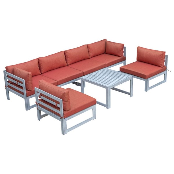Leisuremod Chelsea 7-Piece Patio Sectional And Coffee Table Set Weathered Grey Aluminum With Orange Cushions - CSTWGR-7OR
