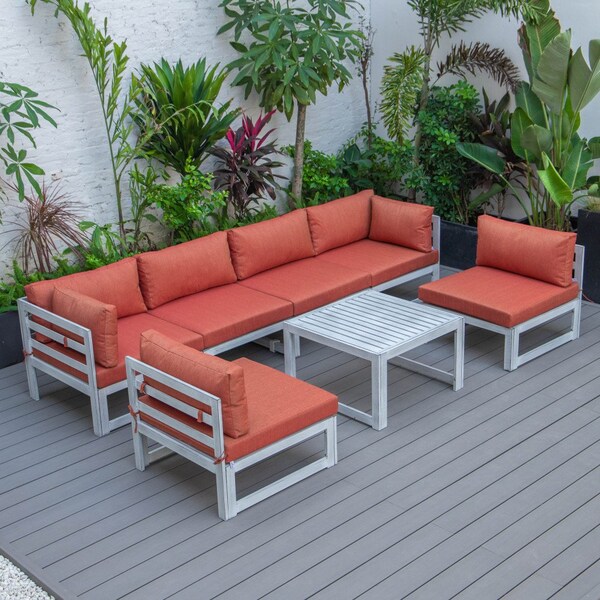 Leisuremod Chelsea 7-Piece Patio Sectional And Coffee Table Set Weathered Grey Aluminum With Orange Cushions - CSTWGR-7OR