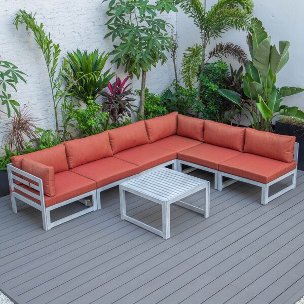 Leisuremod Chelsea 7-Piece Patio Sectional And Coffee Table Set Weathered Grey Aluminum With Orange Cushions - CSTWGR-7OR