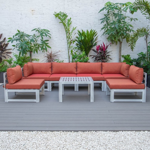 Leisuremod Chelsea 7-Piece Patio Sectional And Coffee Table Set Weathered Grey Aluminum With Orange Cushions - CSTWGR-7OR
