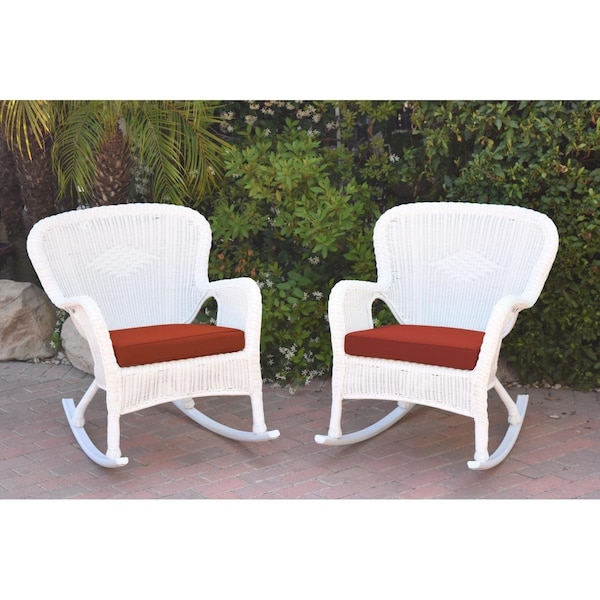 Jeco W00213-R-2-FS018 Windsor White Resin Wicker Rocker Chair with Brick Red Cushion, 2PK - W00213-R_2-FS018