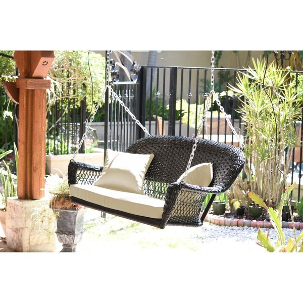 Jeco Espresso Resin Wicker Porch Swing with Ivory Cushion - W00202S-A-FS001