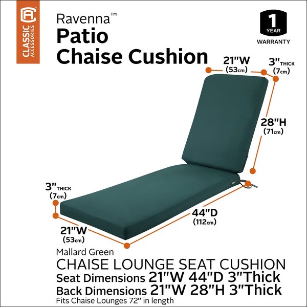 Classic Accessories Ravenna Chaise Cushion, Mallard Green, 72"x21"x3" - 62-001-MGREEN-EC
