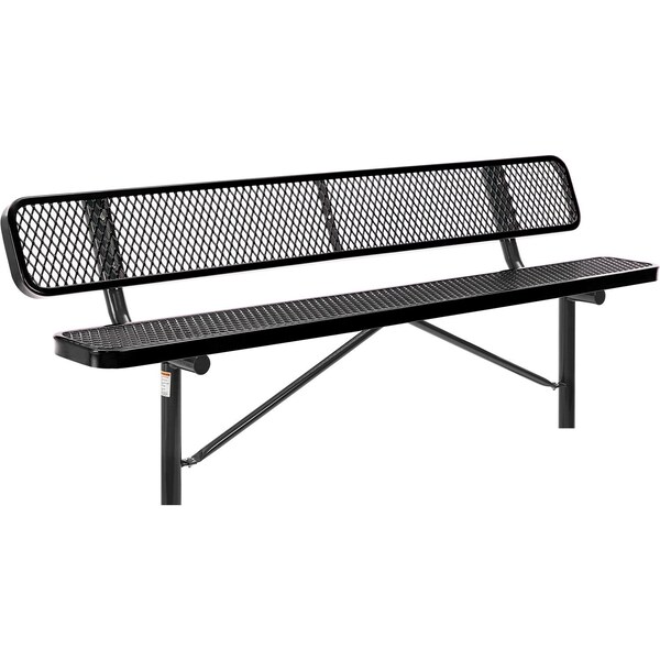 Global Industrial 8ft Outdoor Steel Bench w/ Backrest, Expanded Metal, In Ground Mount, Black - 277155IBK