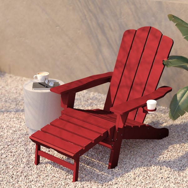 Flash Furniture Red Adirondack Chair with Ottoman and Cupholder - LE-HMP-1044-110-RD-GG