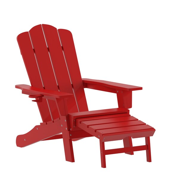 Flash Furniture Red Adirondack Chair with Ottoman and Cupholder - LE-HMP-1044-110-RD-GG