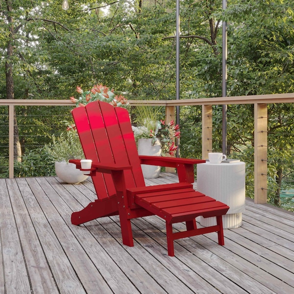 Flash Furniture Red Adirondack Chair with Ottoman and Cupholder - LE-HMP-1044-110-RD-GG