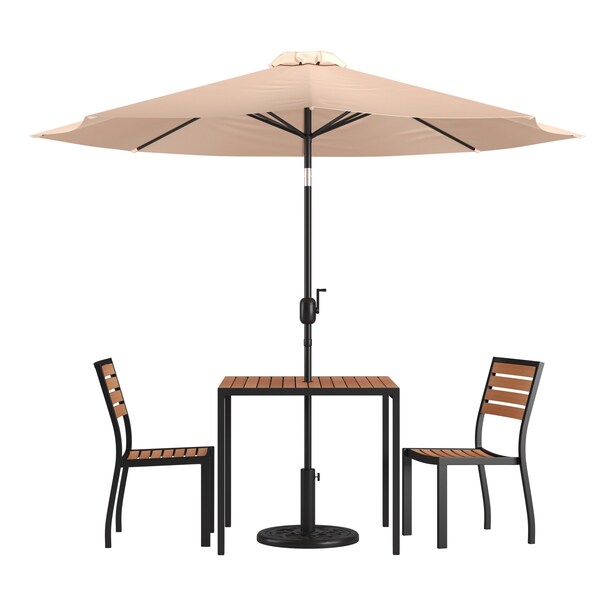 Flash Furniture Faux Teak 35" Table-Tan Umbrella-Base-2 Chairs - XU-DG-810060362-UB19BTN-GG