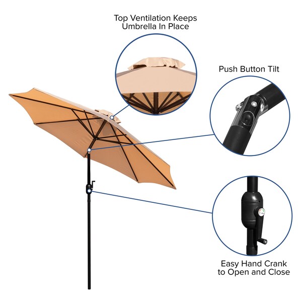 Flash Furniture Faux Teak 35" Table-Tan Umbrella-Base-2 Chairs - XU-DG-810060362-UB19BTN-GG