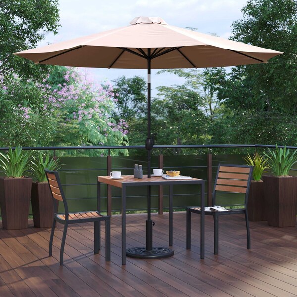 Flash Furniture Faux Teak 35" Table-Tan Umbrella-Base-2 Chairs - XU-DG-810060362-UB19BTN-GG