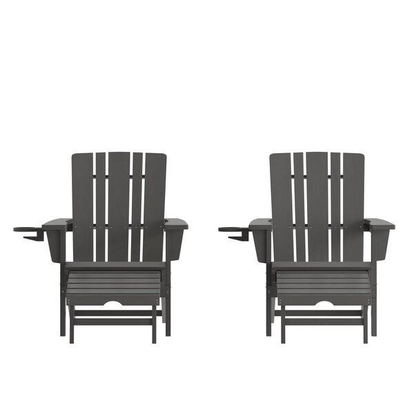 Flash Furniture Gray Adirondack Chairs with Ottoman-Cupholder, 2PK - 2-LE-HMP-1045-110-GY-GG