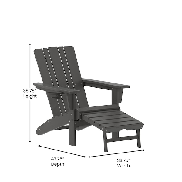 Flash Furniture Gray Adirondack Chairs with Ottoman-Cupholder, 2PK - 2-LE-HMP-1045-110-GY-GG