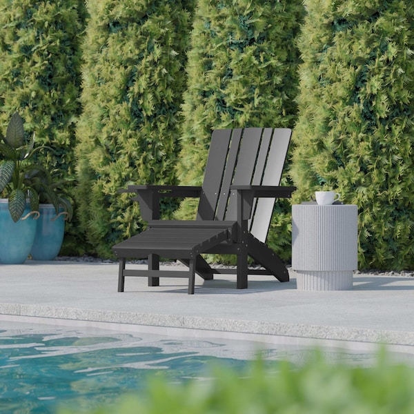 Flash Furniture Gray Adirondack Chairs with Ottoman-Cupholder, 2PK - 2-LE-HMP-1045-110-GY-GG