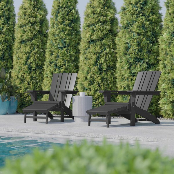 Flash Furniture Gray Adirondack Chairs with Ottoman-Cupholder, 2PK - 2-LE-HMP-1045-110-GY-GG