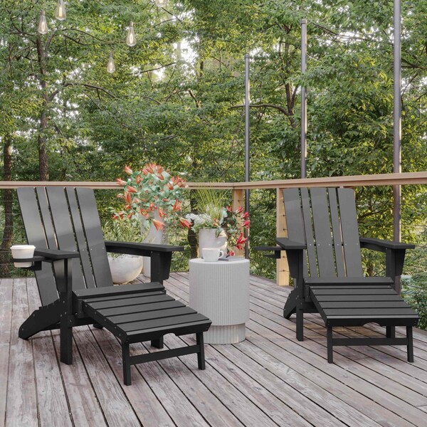 Flash Furniture Gray Adirondack Chairs with Ottoman-Cupholder, 2PK - 2-LE-HMP-1045-110-GY-GG