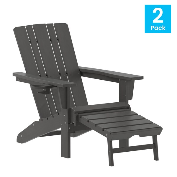 Flash Furniture Gray Adirondack Chairs with Ottoman-Cupholder, 2PK - 2-LE-HMP-1045-110-GY-GG