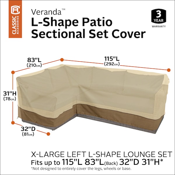 Classic Accessories Veranda L-Shape Sectional Lounge Set Cover, 83"L (left) x 115"L (right) - 56-303-051501-EC