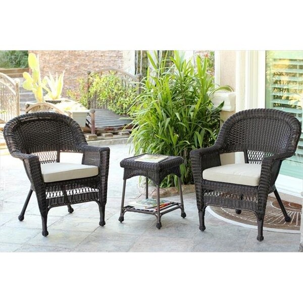 Jeco Jeco W00201_2-CES006 3 Piece Espresso Wicker Chair And End Table Set With Tan Chair Cushion - W00201_2-CES006