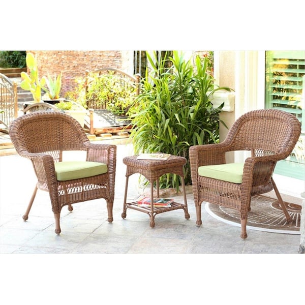 Propation 3 Piece Honey Wicker Chair And End Table Set With Green Chair Cushion - PR2419505