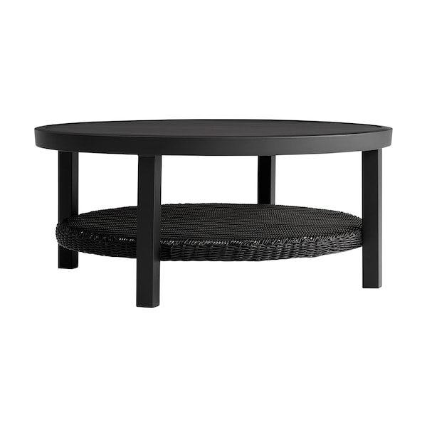 Armen Living Grand Black Aluminum Outdoor Round Conversation Table with Wicker Shelf - 840254332744