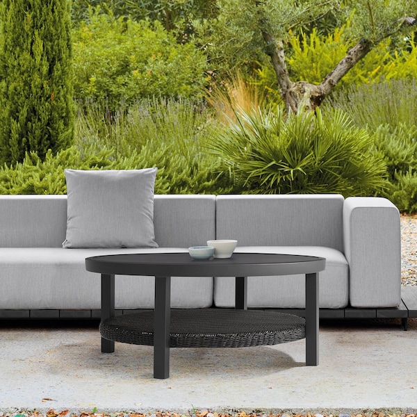 Armen Living Grand Black Aluminum Outdoor Round Conversation Table with Wicker Shelf - 840254332744