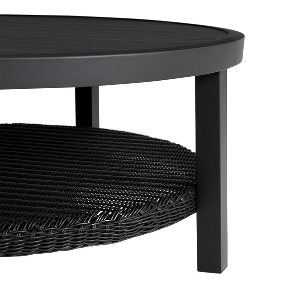 Armen Living Grand Black Aluminum Outdoor Round Conversation Table with Wicker Shelf - 840254332744