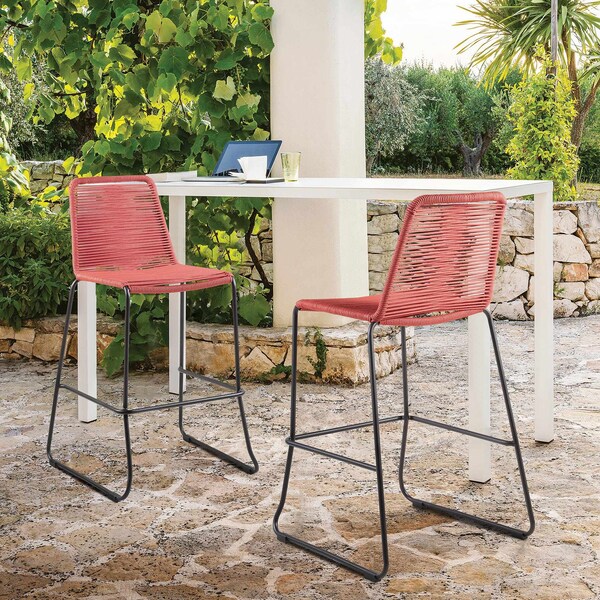 Armen Living Shasta 30" Outdoor Metal and Brick Red Rope Stackable Barstool - Set of 2 - LCSTBABLBRK30